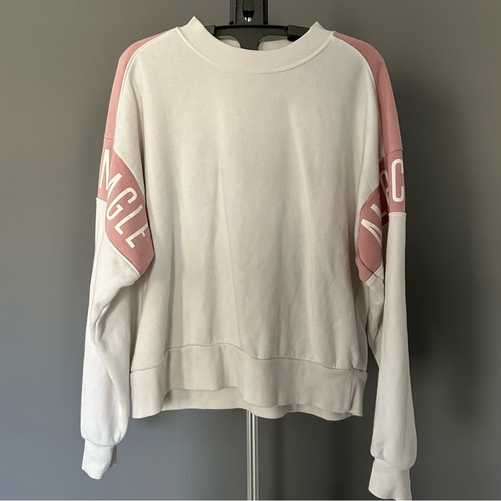 American Eagle White/Pink Colorblock Cotton Crewneck Sweatshirt